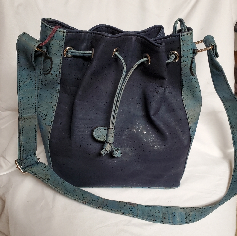 Tie top bucket bag made Artelusa from Portuguese cork.  Blue in c…
